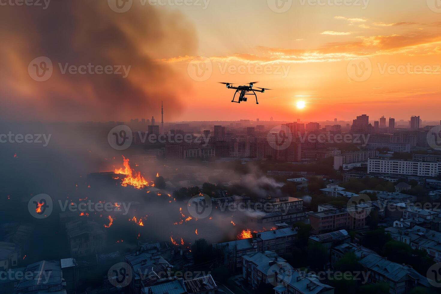 ai generato Copter fuco al di sopra di ardente città a tramonto o Alba foto