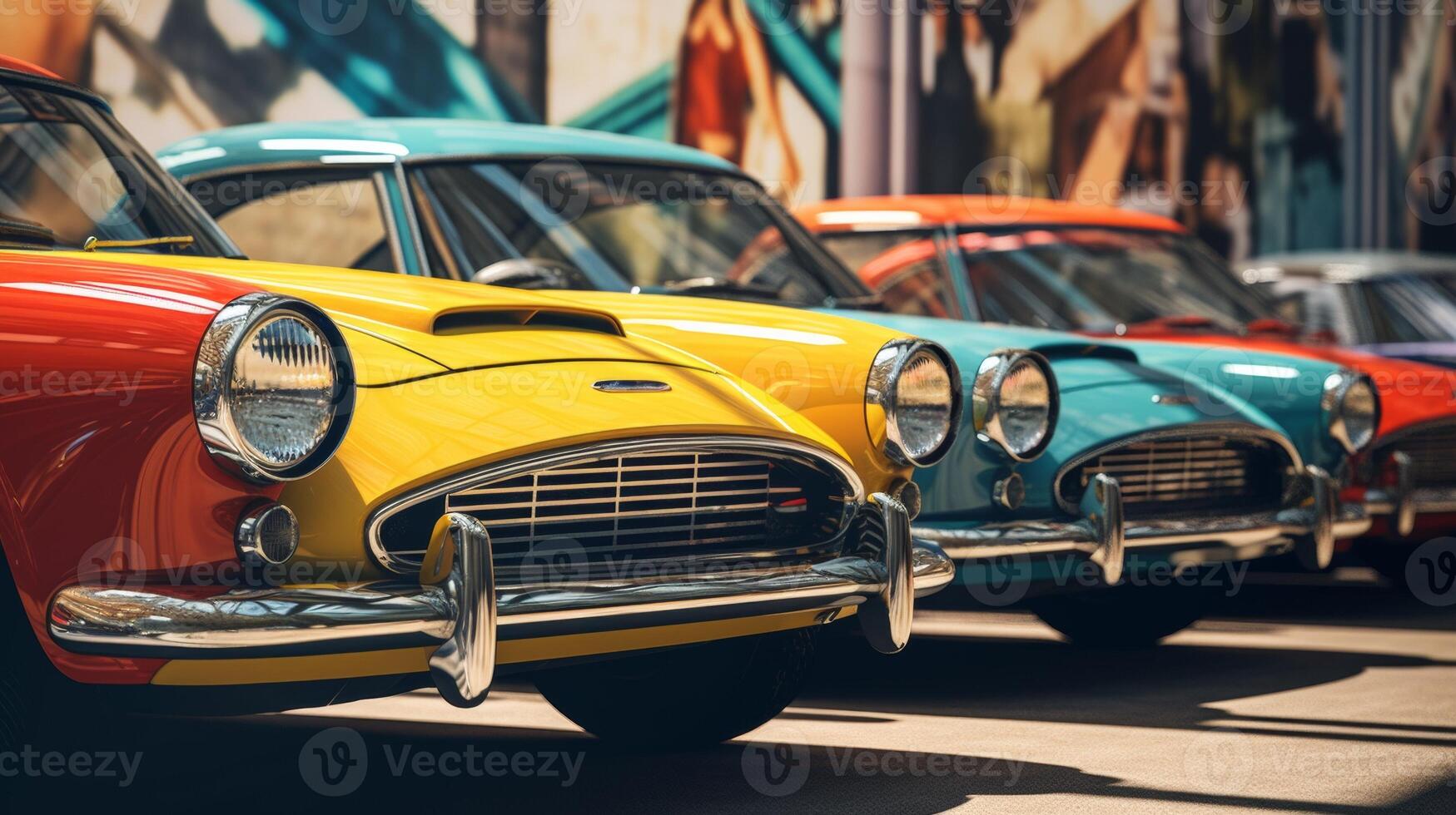 ai generato un' vivace allineare di classico muscolo macchine, vantarsi brillante dipingere e cromo particolari, simboleggia americano settore automobilistico storia e cultura foto