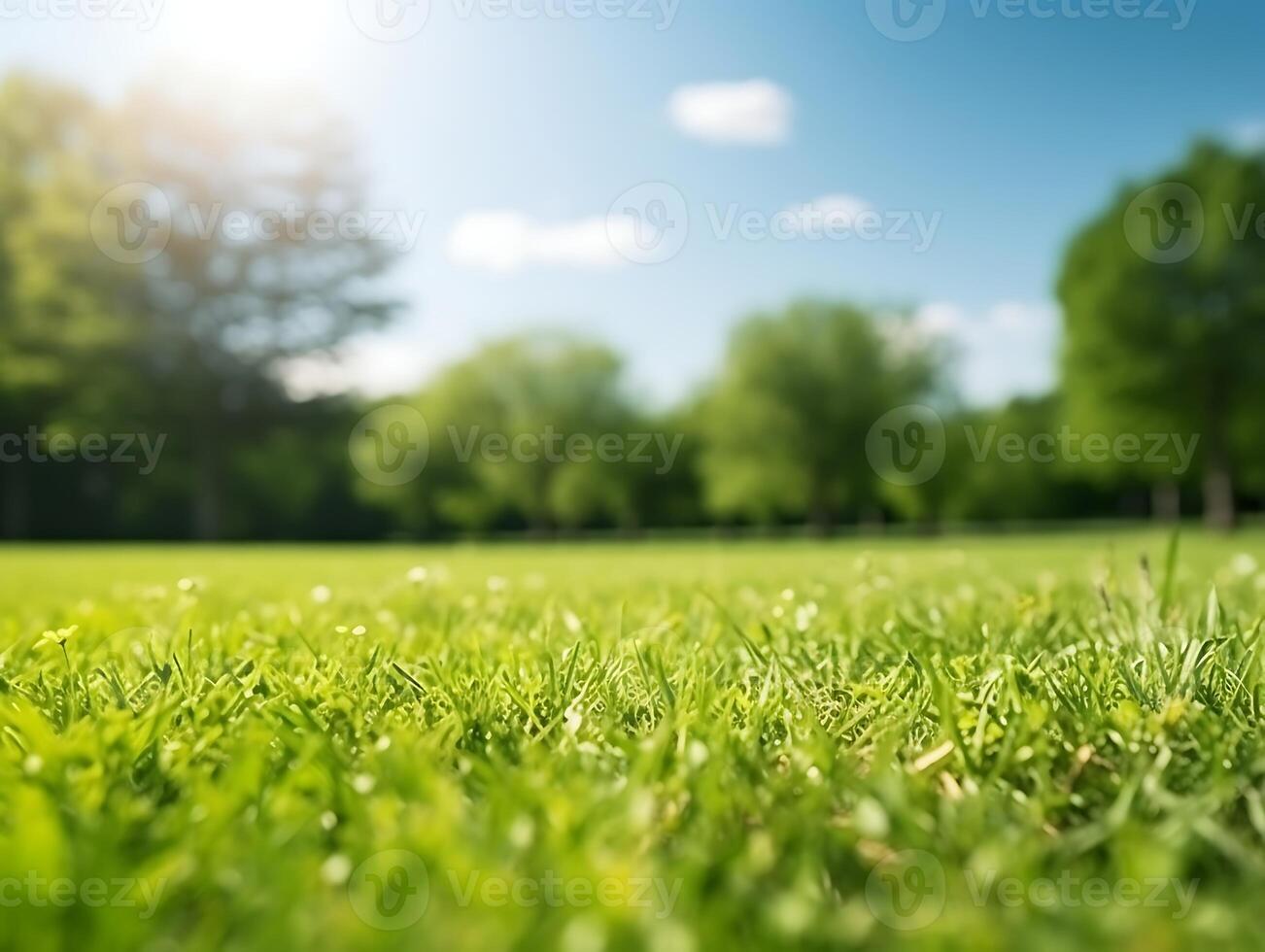 ai generato verde prato con alberi e blu cielo con bianca nuvole. natura sfondo foto