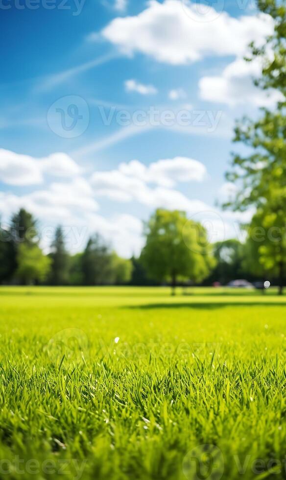 ai generato verde prato con alberi e blu cielo con bianca nuvole. natura sfondo foto