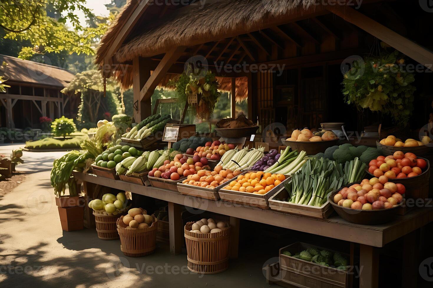 ai generato frutta e verdure per vendita a il agricoltori mercato nel il villaggio foto