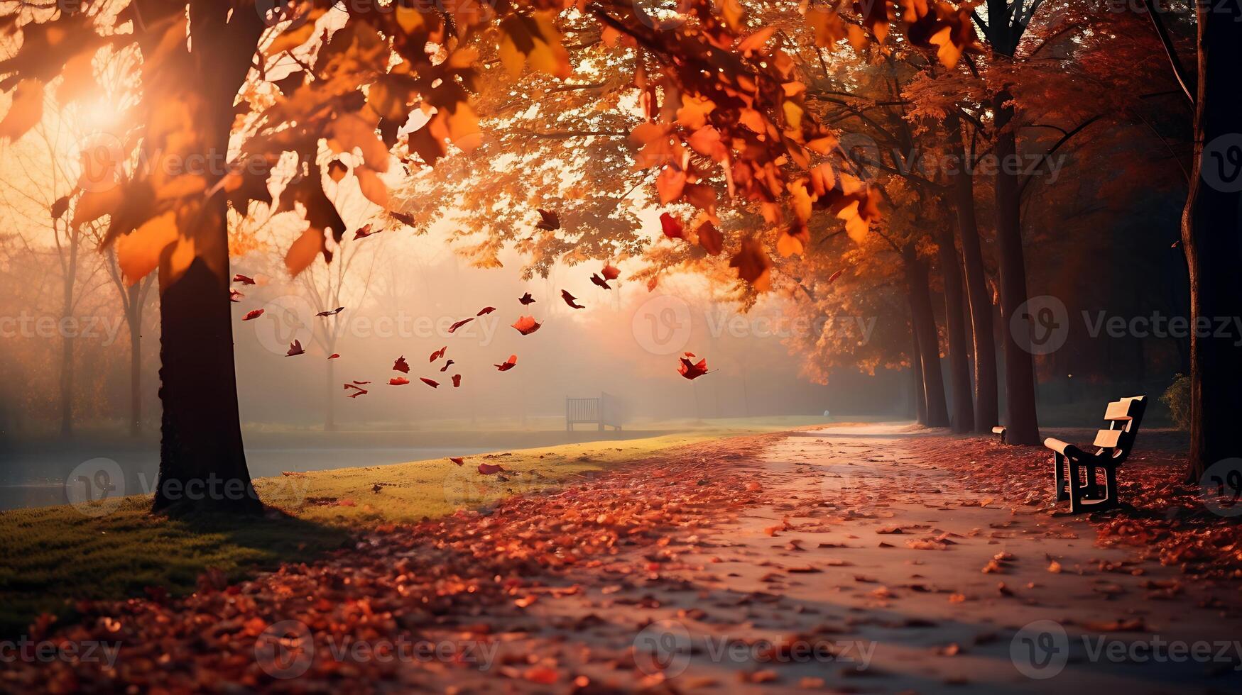 ai generato autunno parco vicolo con caduto le foglie e panchina nel nebbioso mattina foto