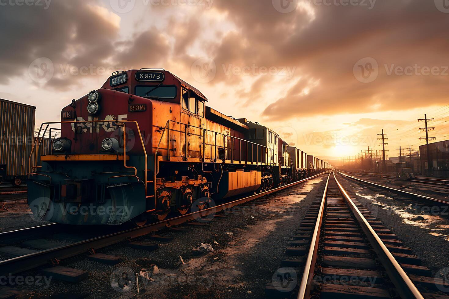 ai generato nolo treno a tramonto. nolo trasporto. 3d interpretazione foto