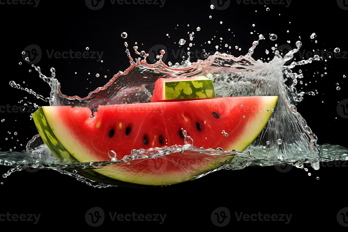 ai generato anguria con acqua spruzzo isolato su nero sfondo. fresco frutta. foto