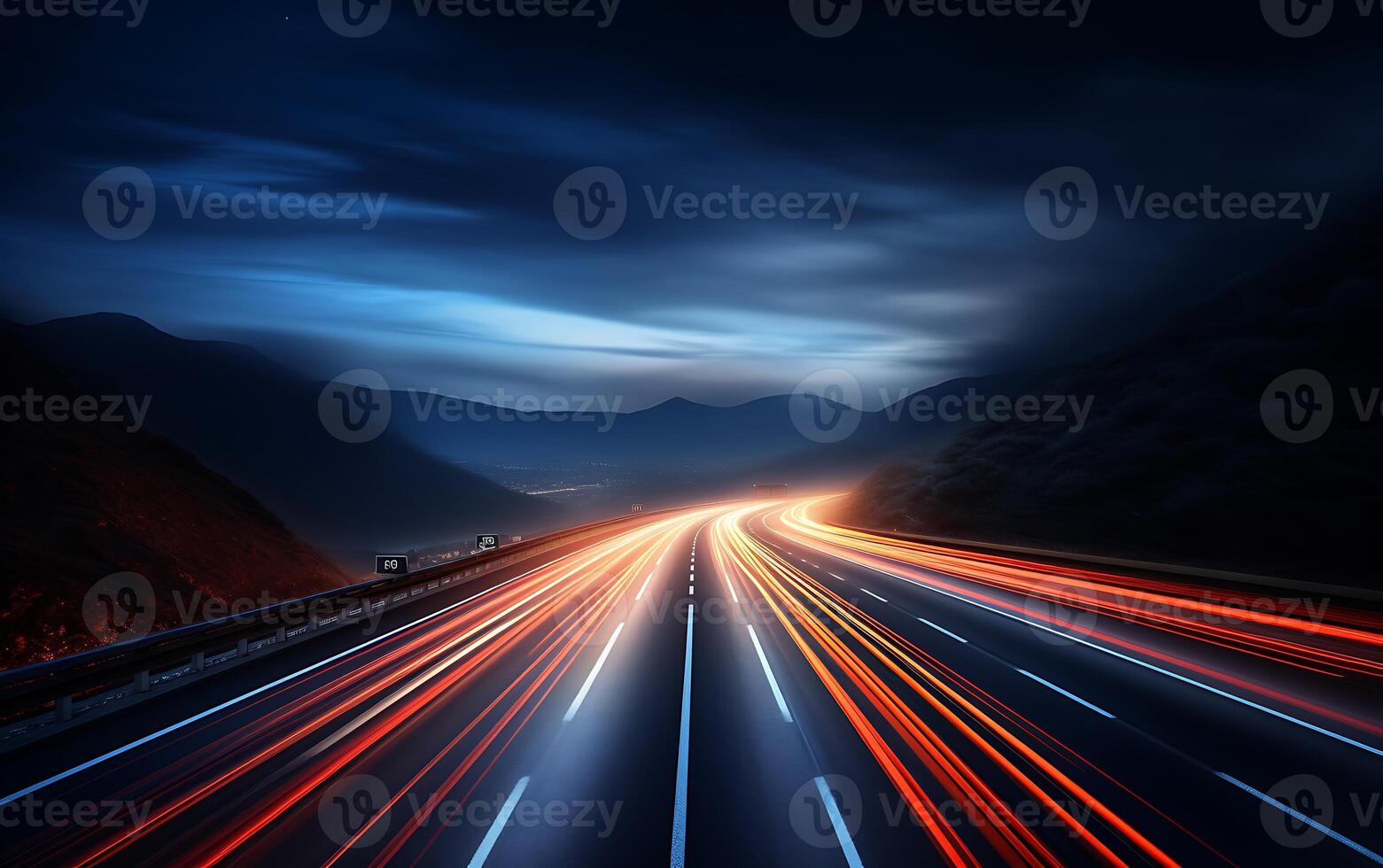 ai generato autostrada nel il montagne a notte con movimento sfocatura e blu cielo foto