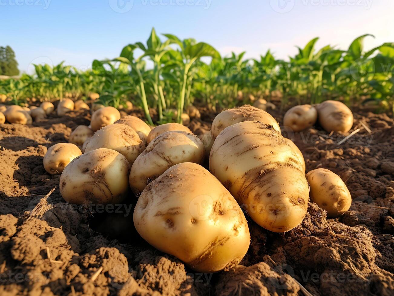 ai generato raccolto patate su un' campo nel il raggi di il ambientazione sole foto