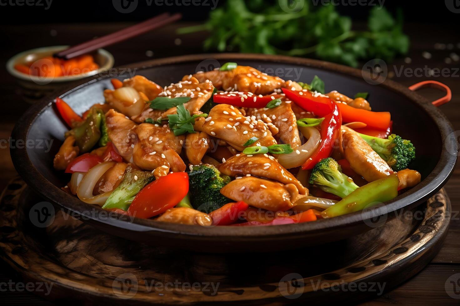 ai generato Saltato in padella pollo con verdure e sesamo semi su nero sfondo foto