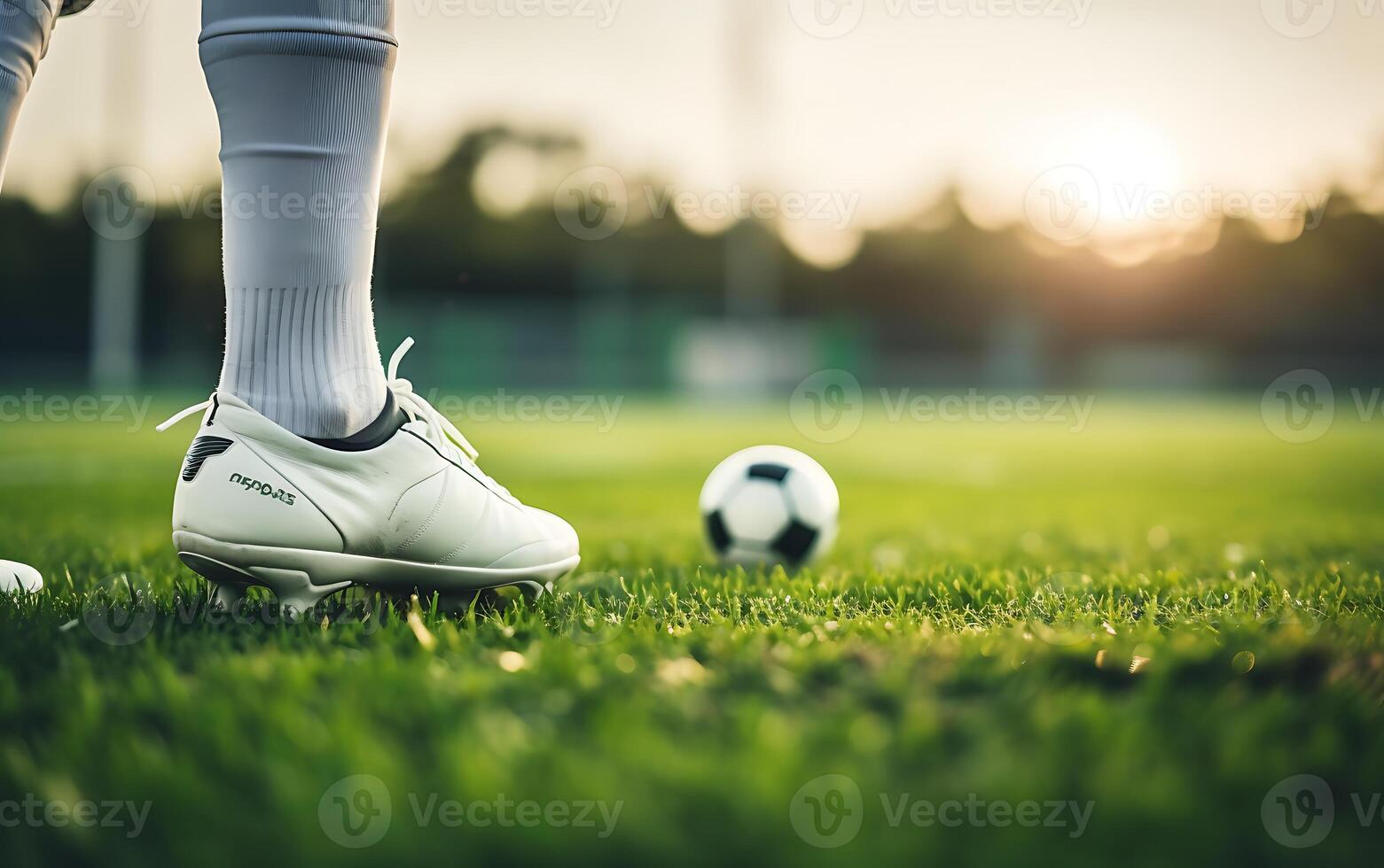 ai generato avvicinamento di gambe di calcio giocatore in piedi su il verde erba di un' calcio stadio foto