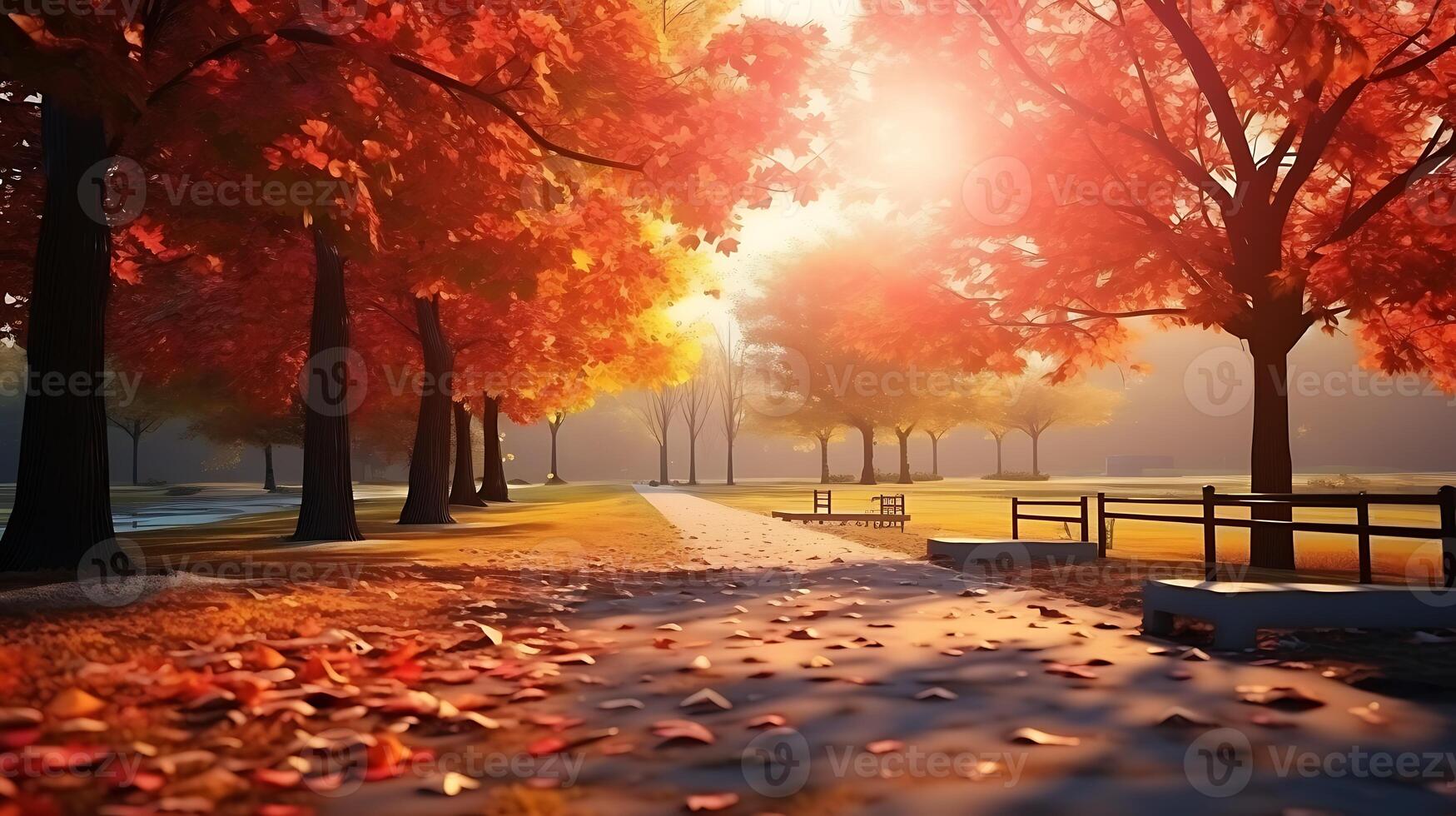 ai generato autunno paesaggio con giallo alberi nel il parco. bellissimo natura sfondo foto
