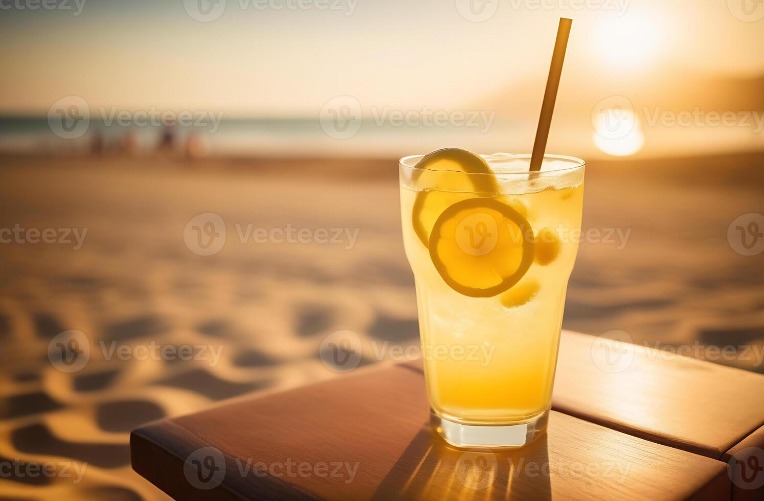 ai generato Limone limonata, spiaggia cocktail nel bicchiere su tavolo a mare ricorrere, costa con tramonto, sfondo foto