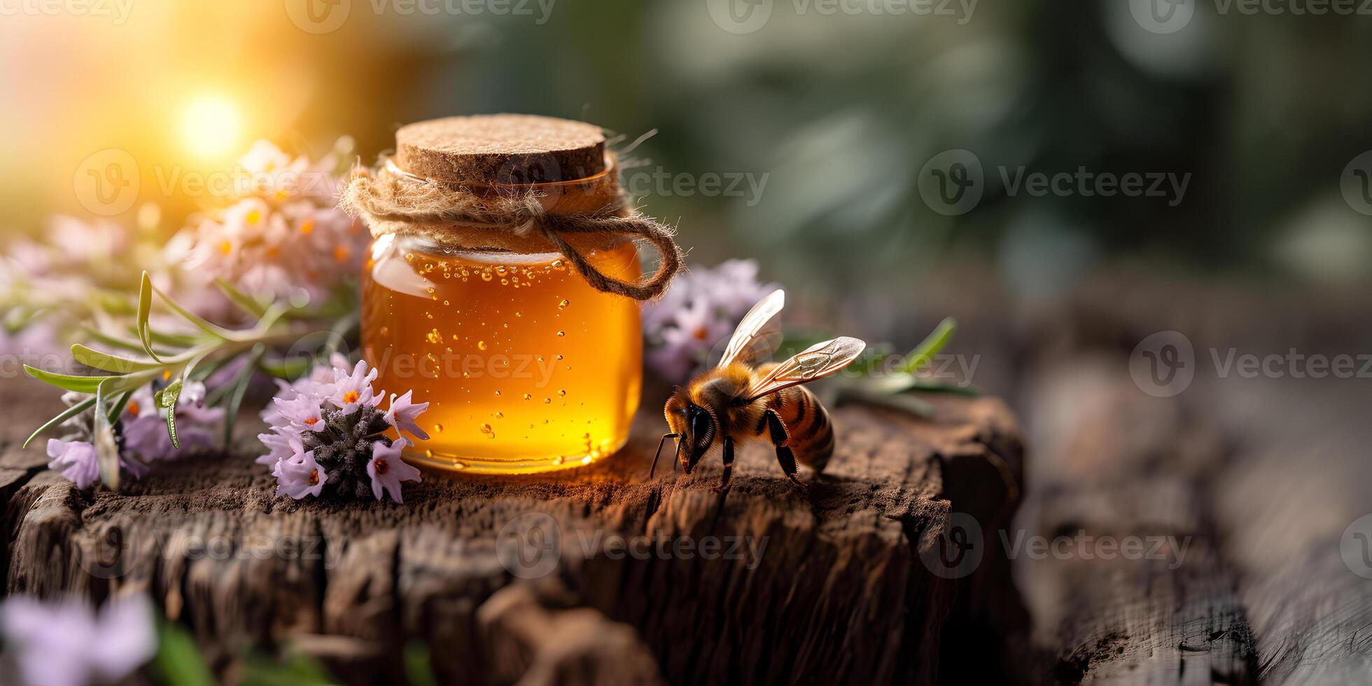 ai generato miele vaso con miele mestolo, bastone, lavanda fiori e ape su di legno tavolo con copia spazio. apicoltura, naturale trattamento per tosse, rafforzamento il immune sistema concetto. foto