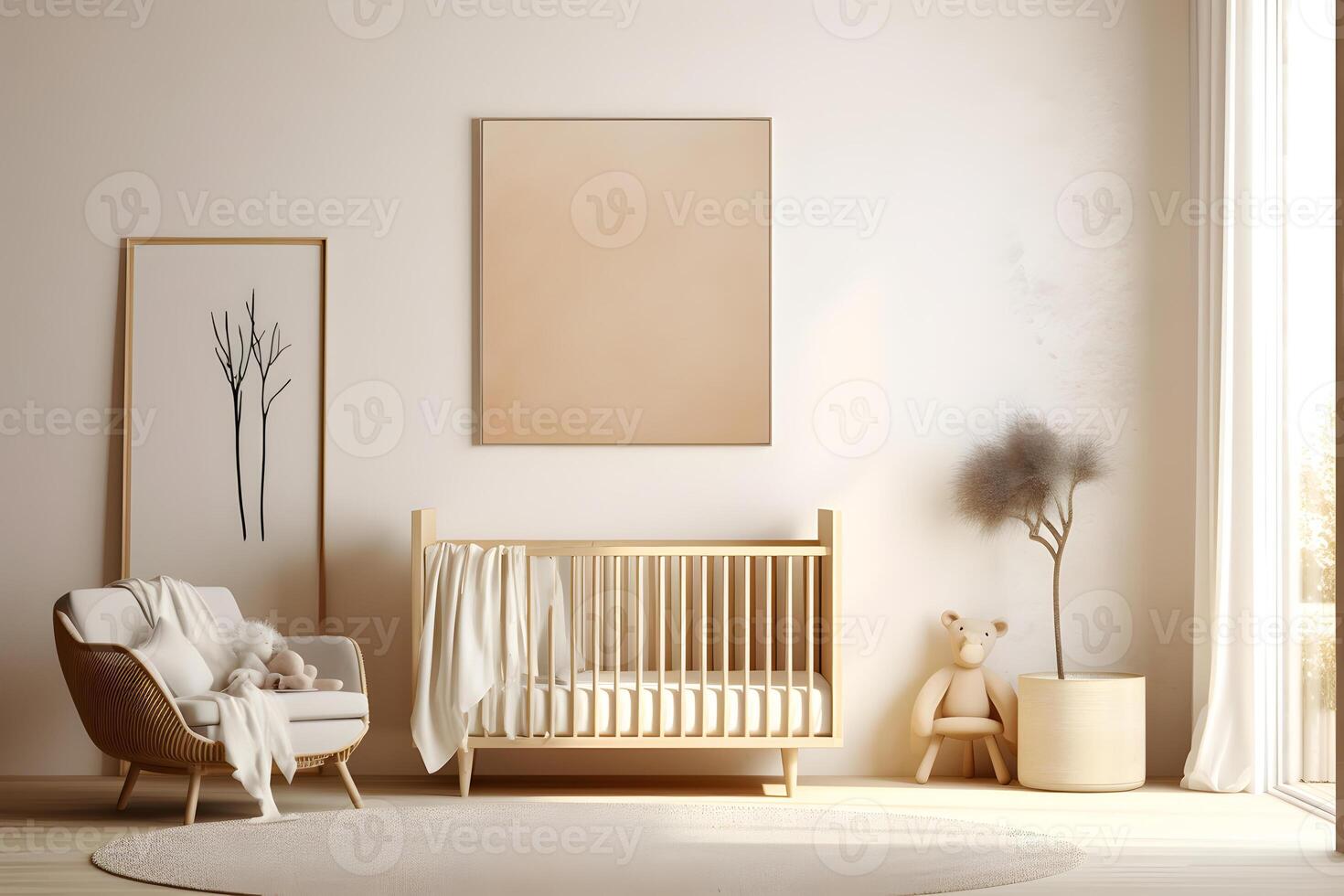 ai generato rettangolare telaio manifesto modello, su leggero calcestruzzo parete nel vivente interno di un' bambino camera, con moderno boho mobilia e con bambino culla, scandinavo stile interno decorazione. foto