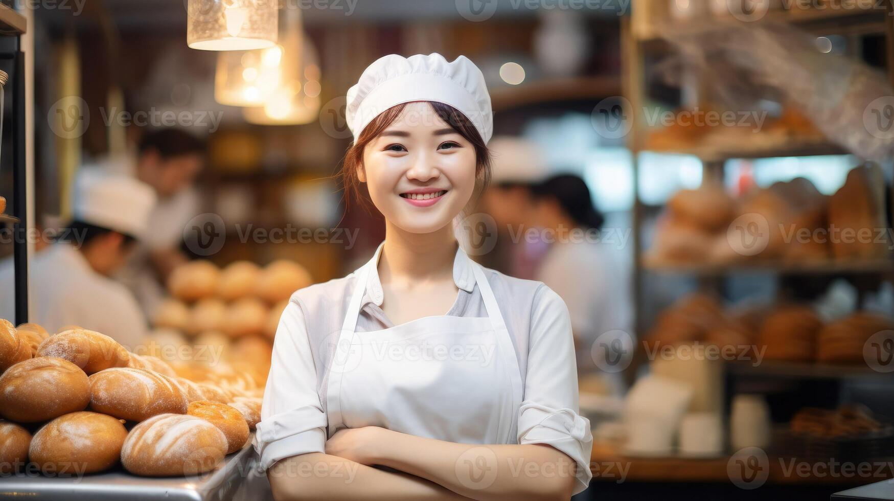 ai generato sorridente asiatico femmina fornai guardare a il telecamera, chef panettiere nel un' capocuoco vestito e cappello, foto
