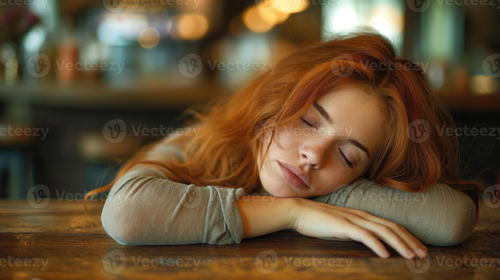 ai generato ritratto di un' bellissimo stanco giovane testa Rossa donna addormentato nel un' bar foto