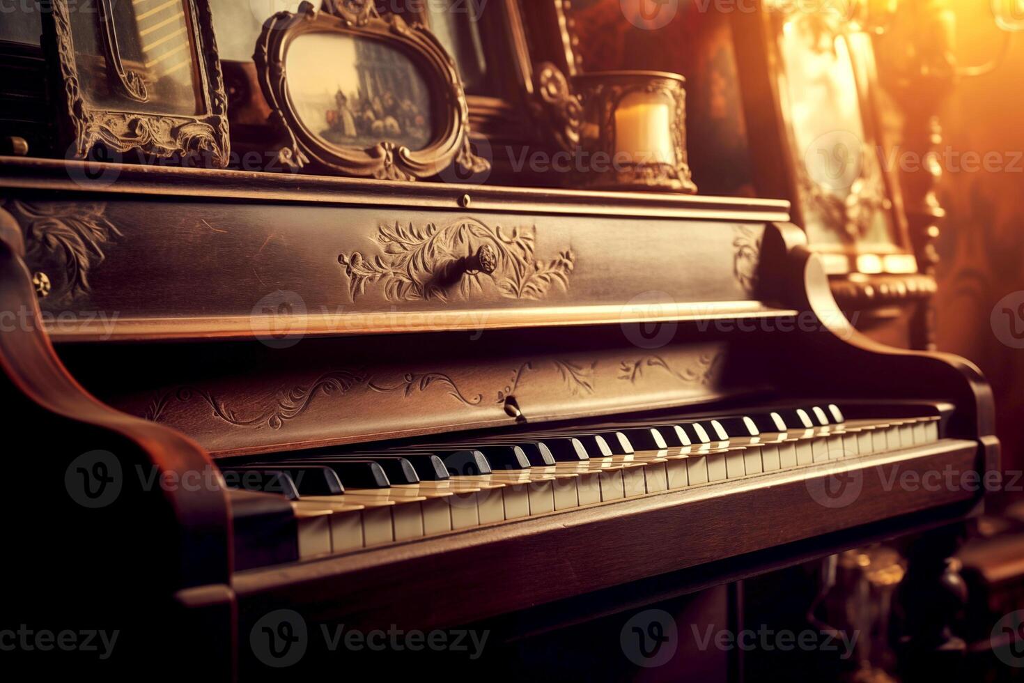 ai generato avvicinamento Vintage ▾ stile di pianoforte chiavi su Marrone pianoforte classico musica strumento nel il vivente camera foto