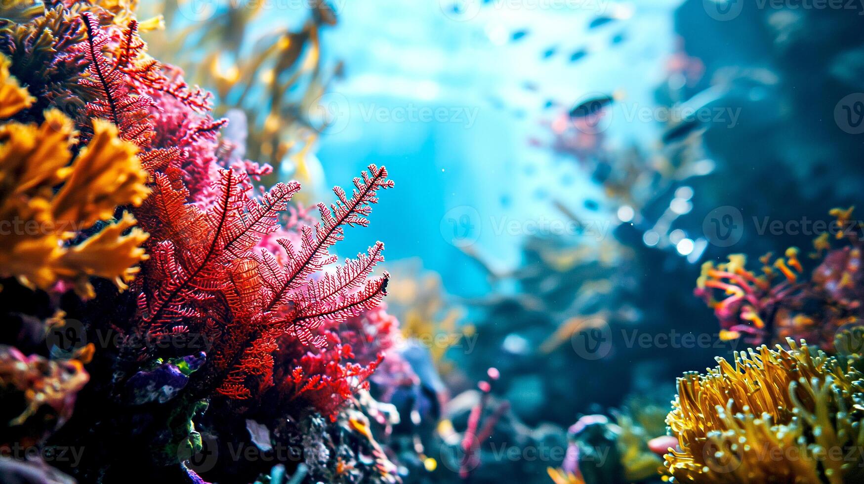 ai generato colorato corallo scogliera fiore mare vivente corallo in profondità buio acqua di mare oceano ambiente. foto