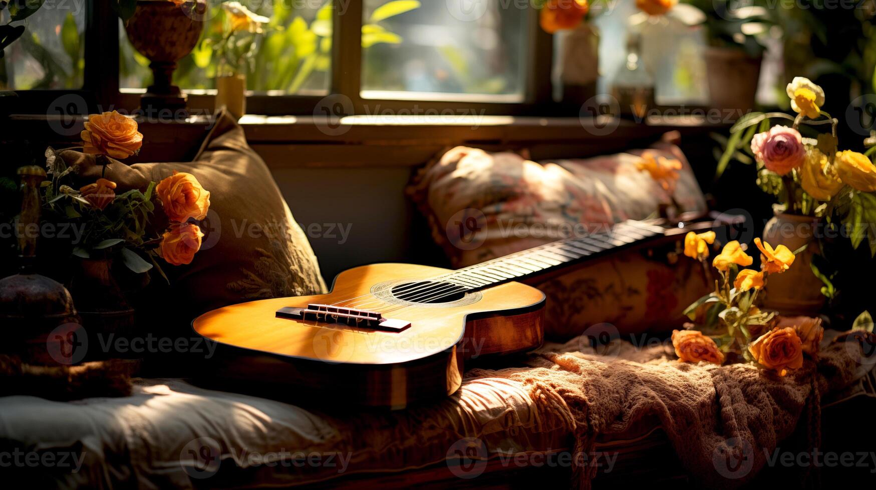 ai generato il chitarra bugie su il divano con fiori nel il giardino. il concetto un' canzone per meditazione, rilassamento, musica terapia foto