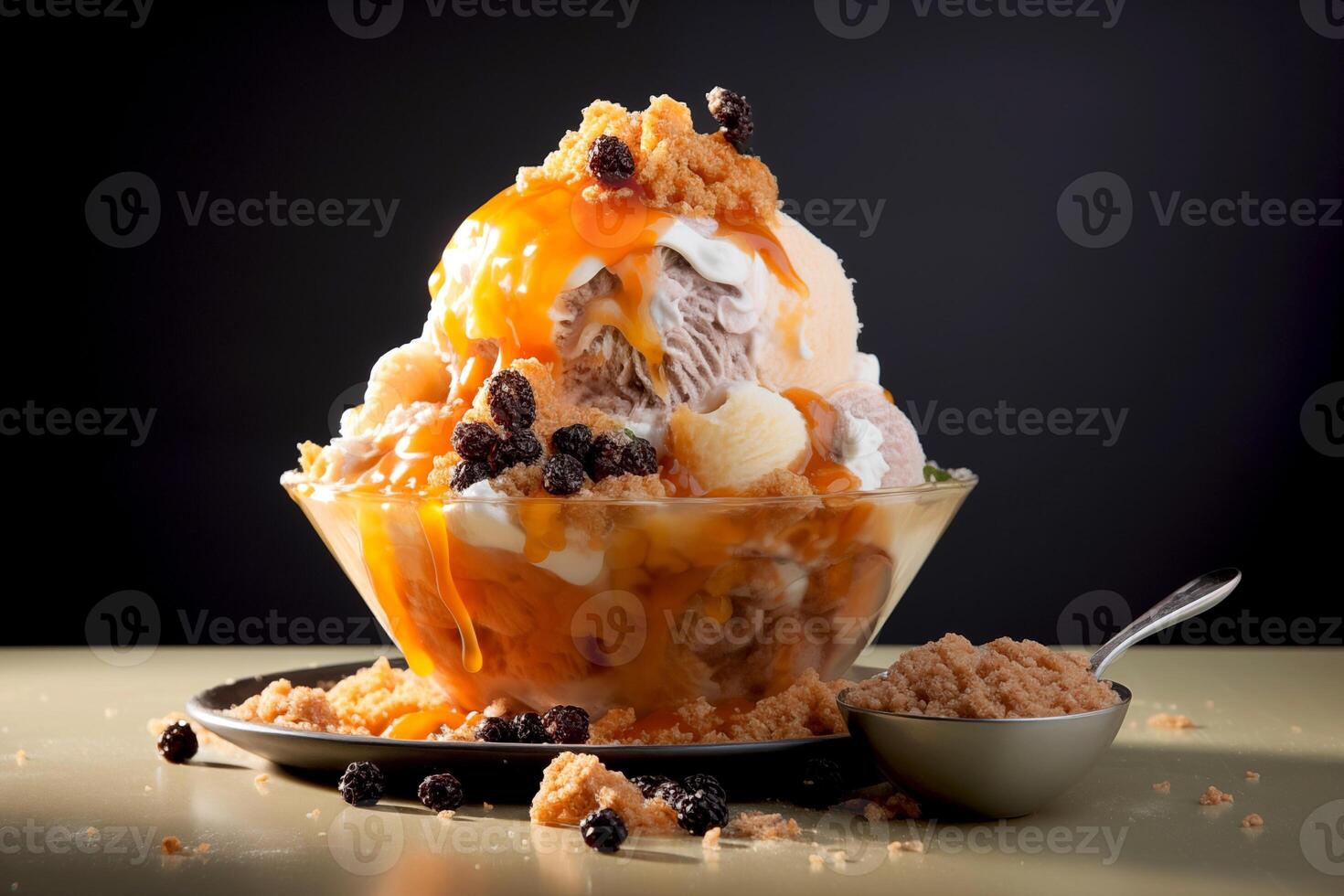 ai generato tailandese tè bingsu ghiaccio crema con dolce condimenti frustato crema, caramello e secco frutta coreano rasato ghiaccio dolce nero sfondo foto