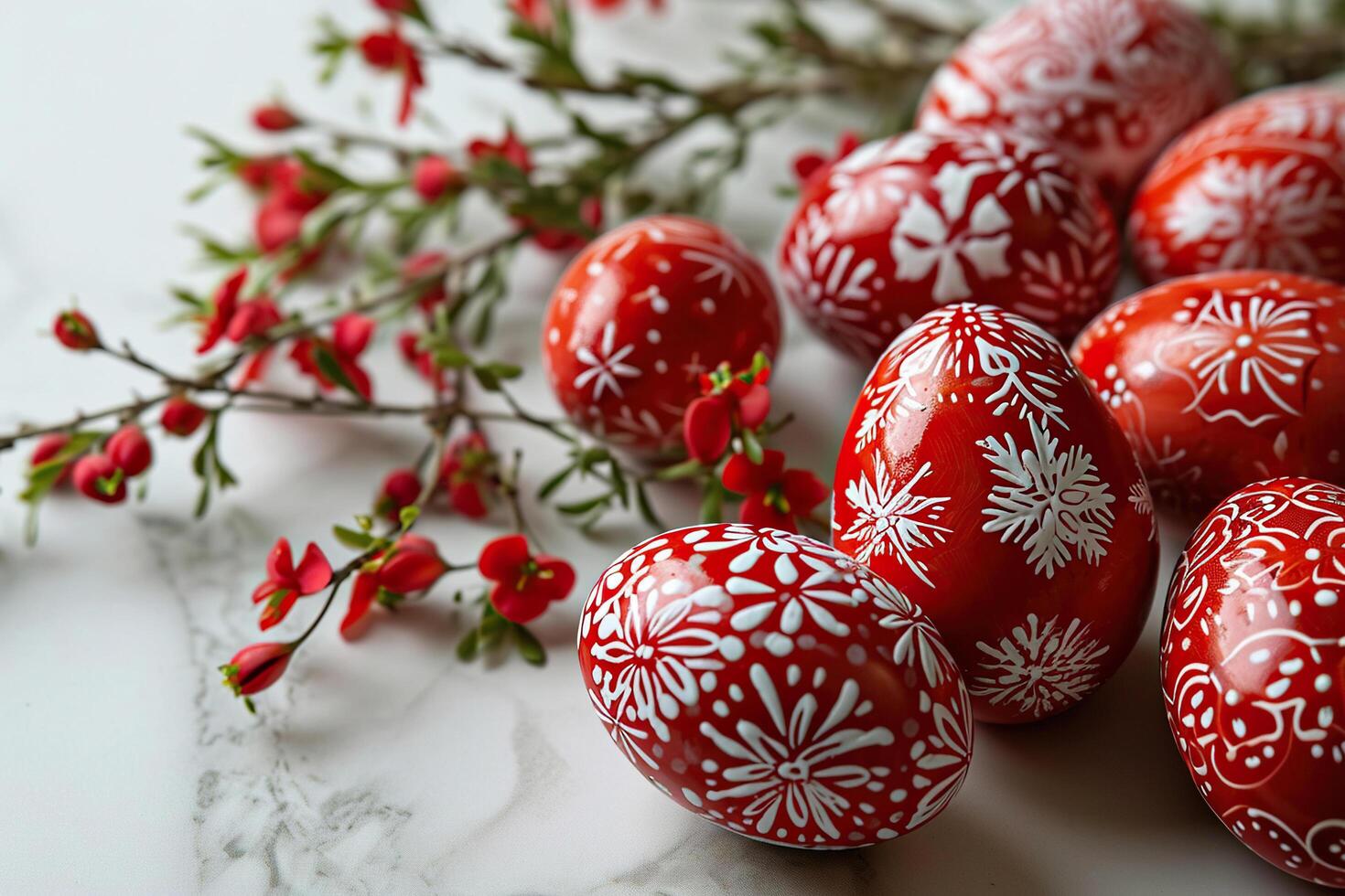 ai generato rosso e bianca Pasqua uova su un' marmo superficie. lato Visualizza, Pasqua sfondo. generativo ai foto