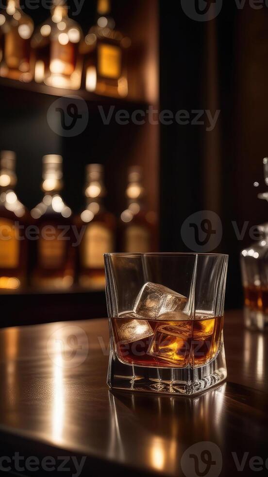 ai generato bicchiere di whisky con ghiaccio a bar contatore, sfocato lunatico buio sfondo, selettivo messa a fuoco foto