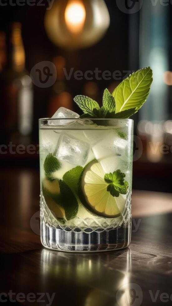 ai generato bicchiere di Mojito cocktail decorato con lime a bar contatore, sfocato lunatico buio sfondo, selettivo messa a fuoco foto