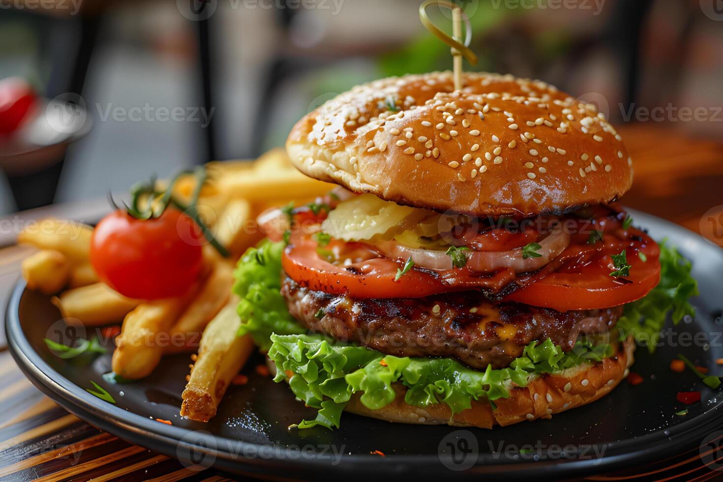 ai generato Hamburger con Manzo tortino, formaggio, e verdure su il tavolo foto