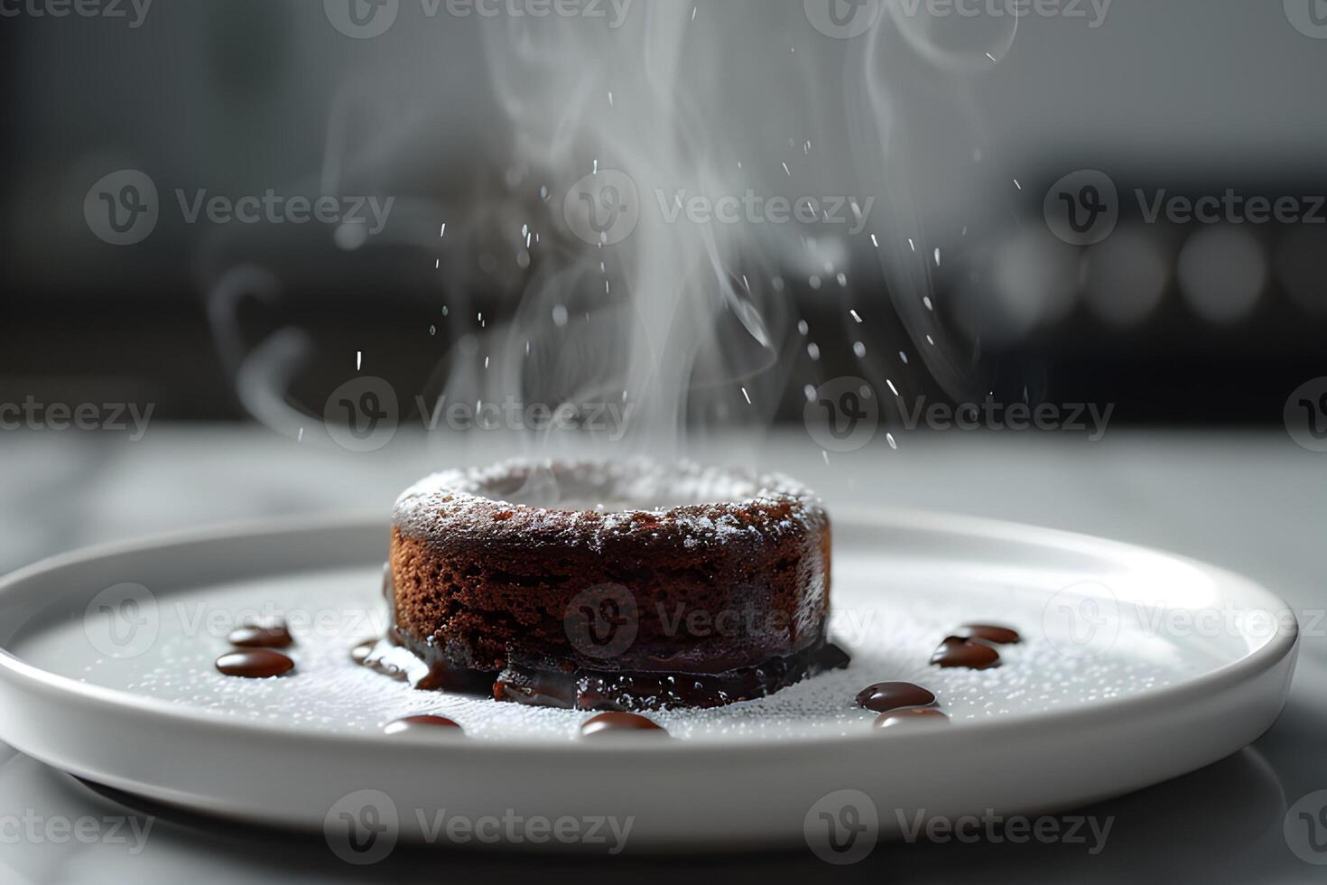 ai generato cioccolato lava torta su un' bianca piatto. avvicinamento foto