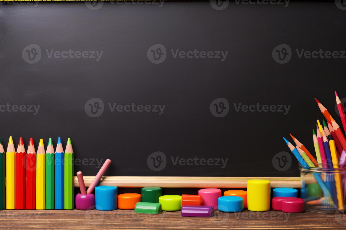 ai generato colorato matite, gomme da cancellare, e marcatori ordinatamente disposte nel davanti di un' vuoto lavagna, pronto per un' creativo aula sessione. generativo ai. foto
