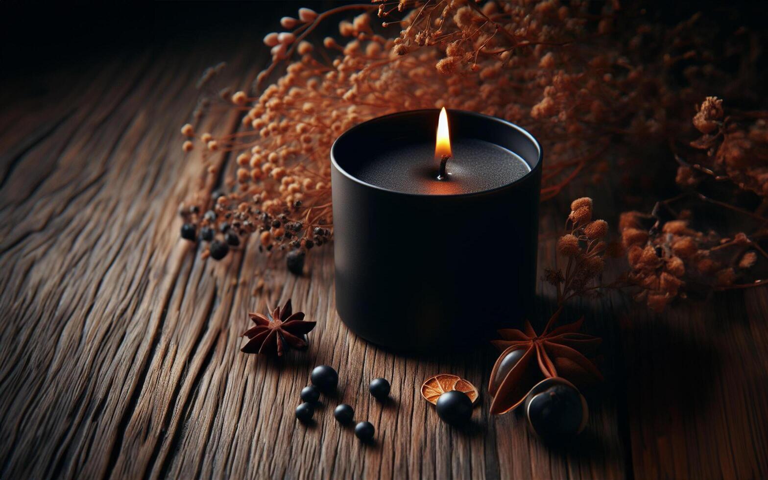 ai generato nero candela, casa decorazione candela, vaniglia profumo candeliere su di legno pavimento foto