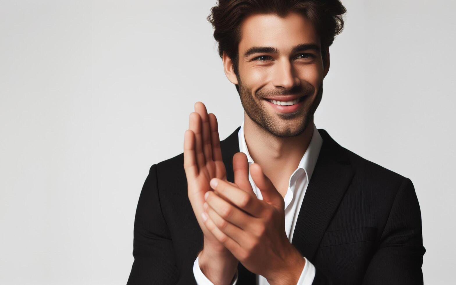 ai generato giovane uomo d'affari battendo le mani, sorridente, congratularsi, bianca sfondo foto