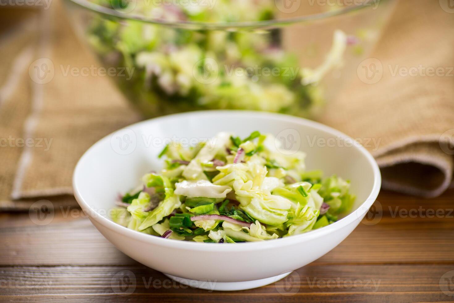 giovane cavolo insalata con viola cipolle nel un' ciotola . foto