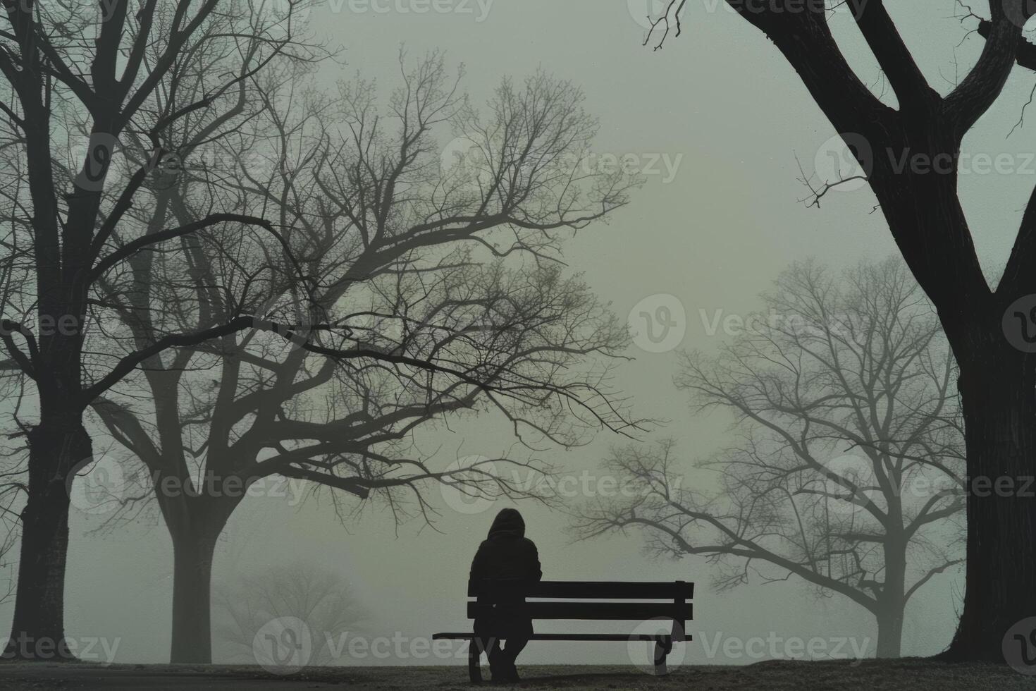 ai generato solitudine nel un' nebbioso parco foto