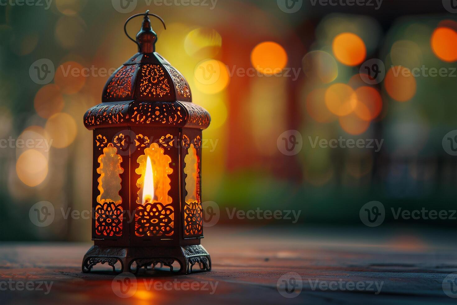 ai generato musulmano santo mese Ramadan kareem - ornamentale Arabo lanterna con ardente candela foto