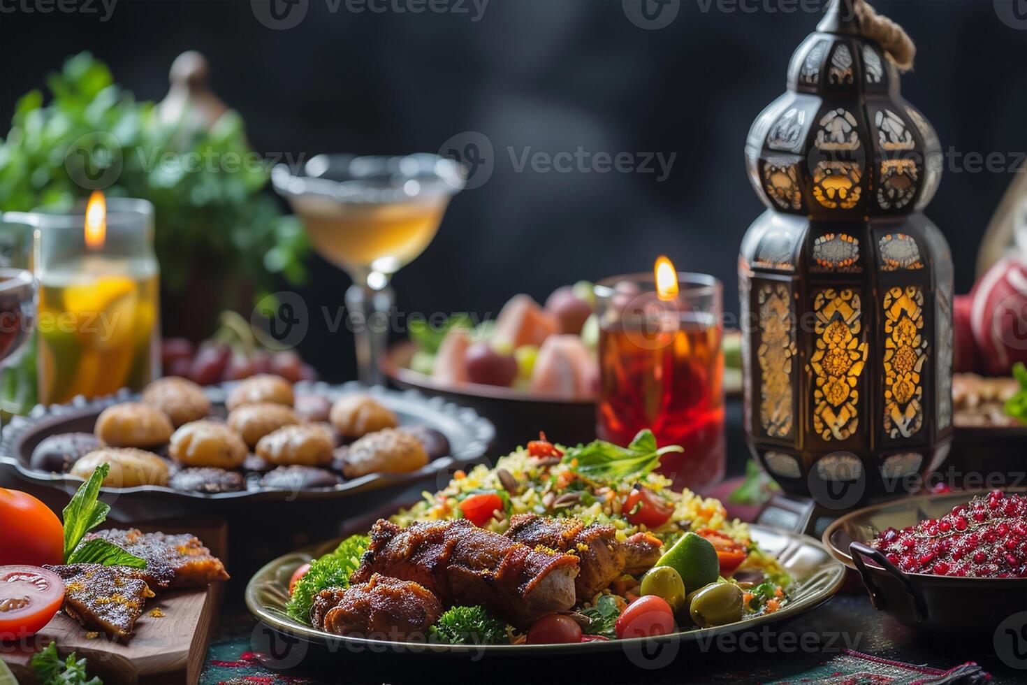 ai generato Ramadan cibo e bevande concetto. Ramadan tè e date frutta su buio sfondo foto