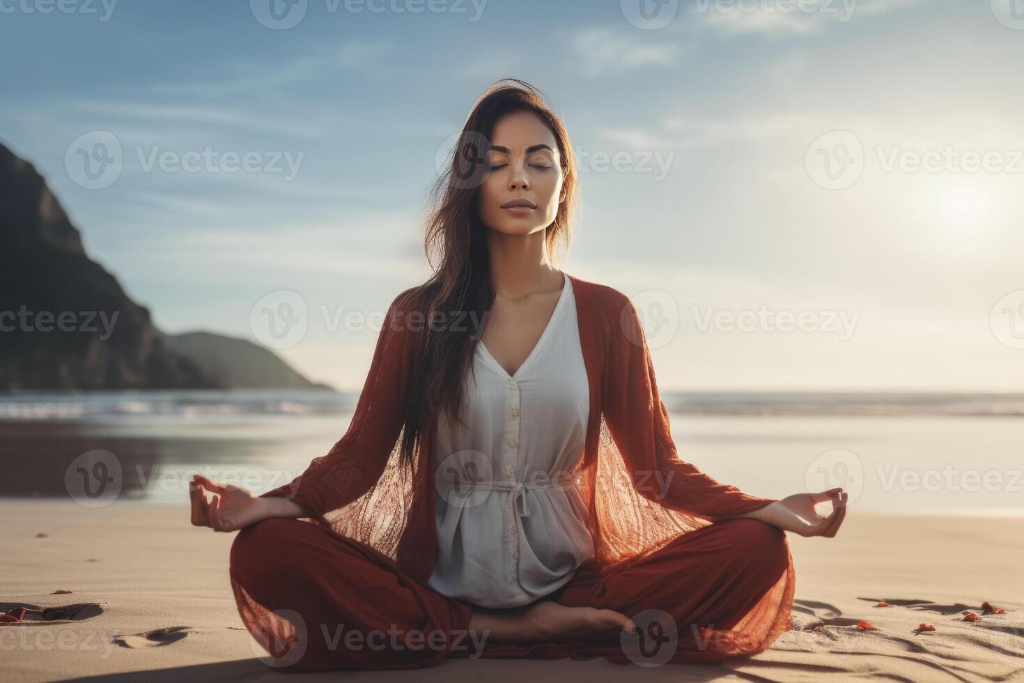 ai generato giovane donna Meditare su sereno spiaggia foto