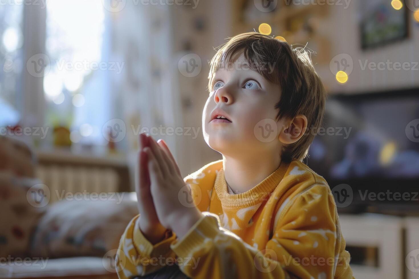 ai generato giovane bambino preghiere nel luce del sole foto
