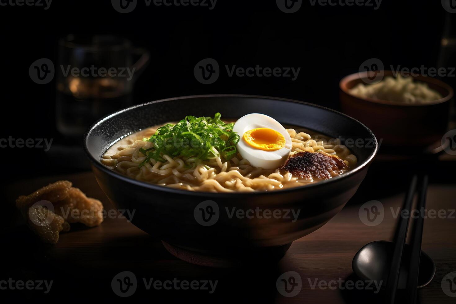 ai generato giapponese ramen la minestra con pollo, uovo, erba cipollina e germoglio su buio di legno. neurale Rete ai generato foto