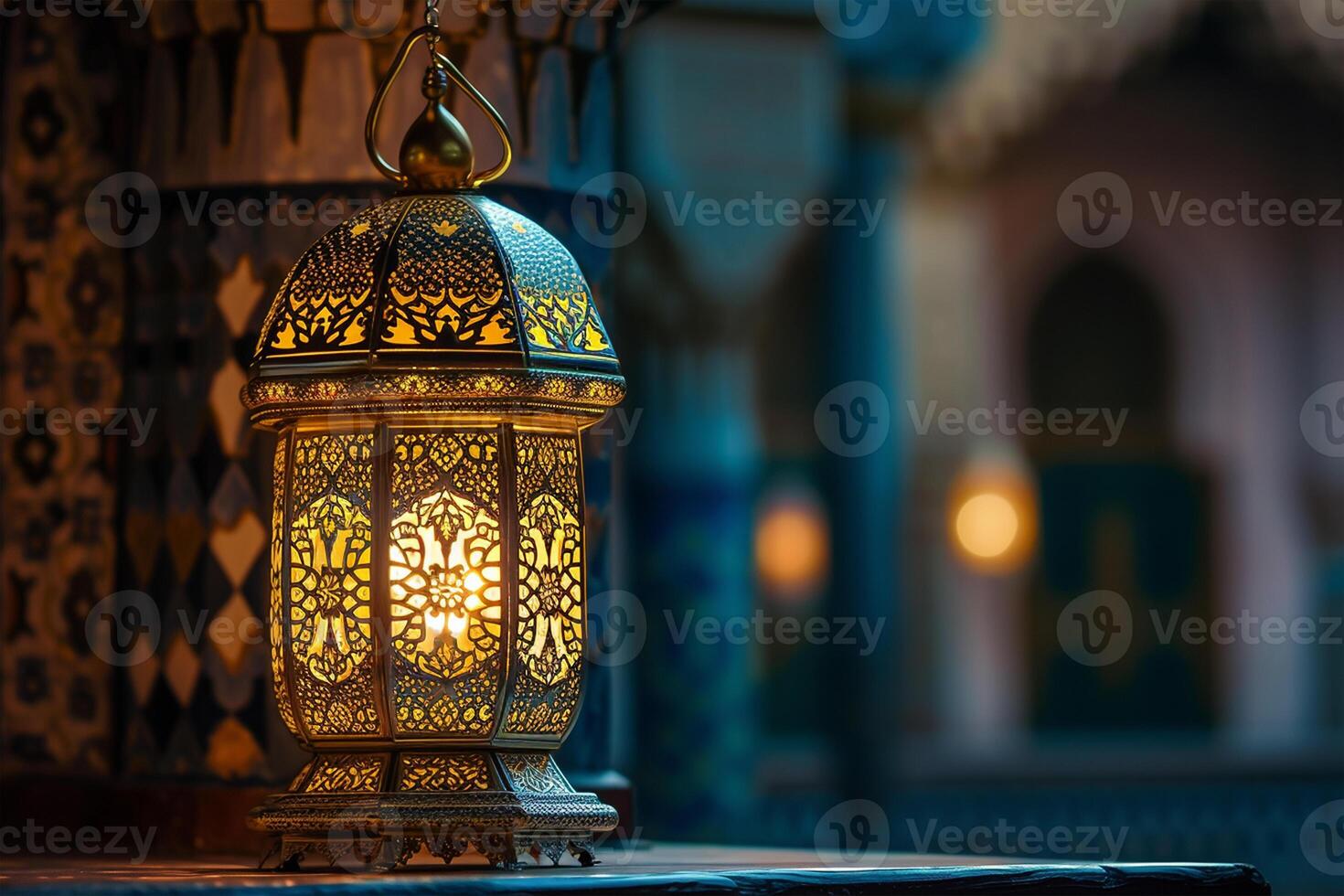 ai generato ornato Ramadan lanterna e un ornamentale telaio foto
