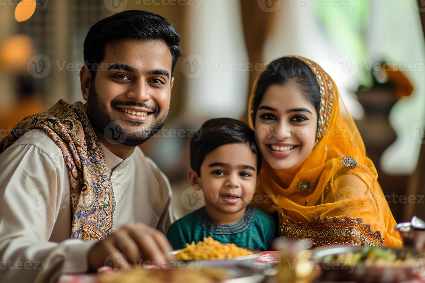 ai generato contento sorridente indiano musulmano coppia con ragazzo di guardare a telecamera durante Ramadan cena veloce a casa foto