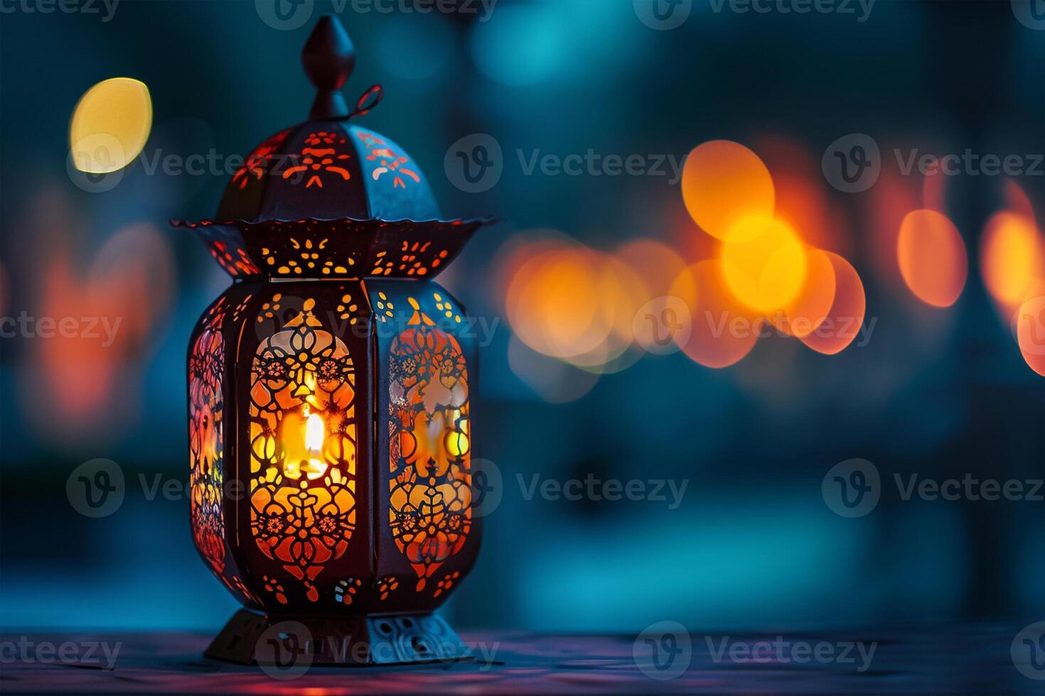 ai generato musulmano santo mese Ramadan kareem - ornamentale Arabo lanterna con ardente candela foto