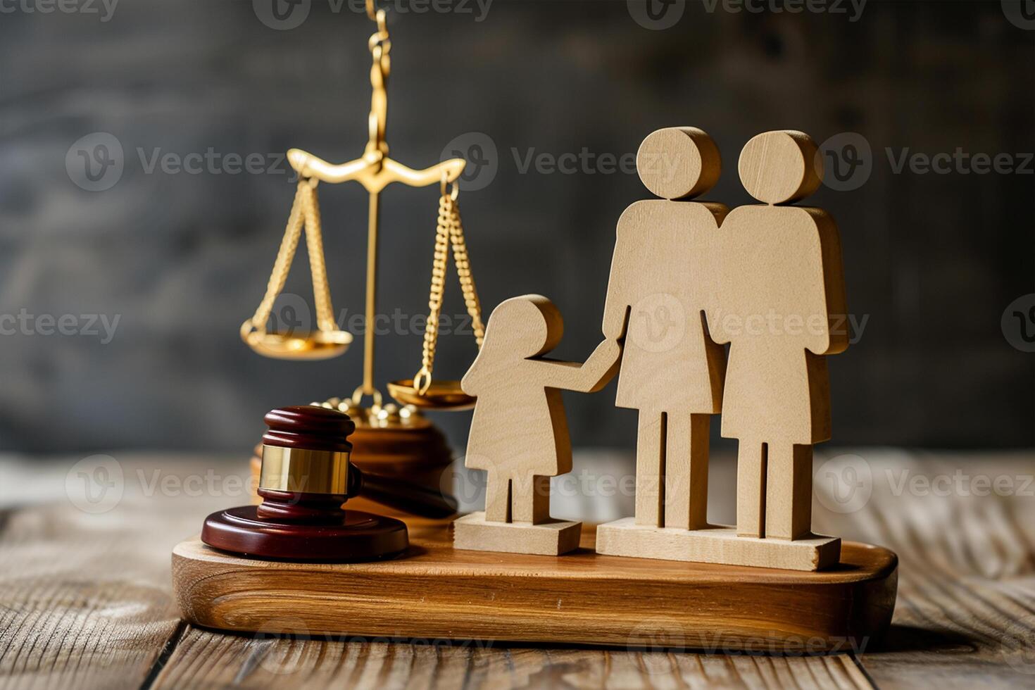 ai generato famiglia legge. figura di genitori con figli, bilancia e martelletto su di legno tavolo foto