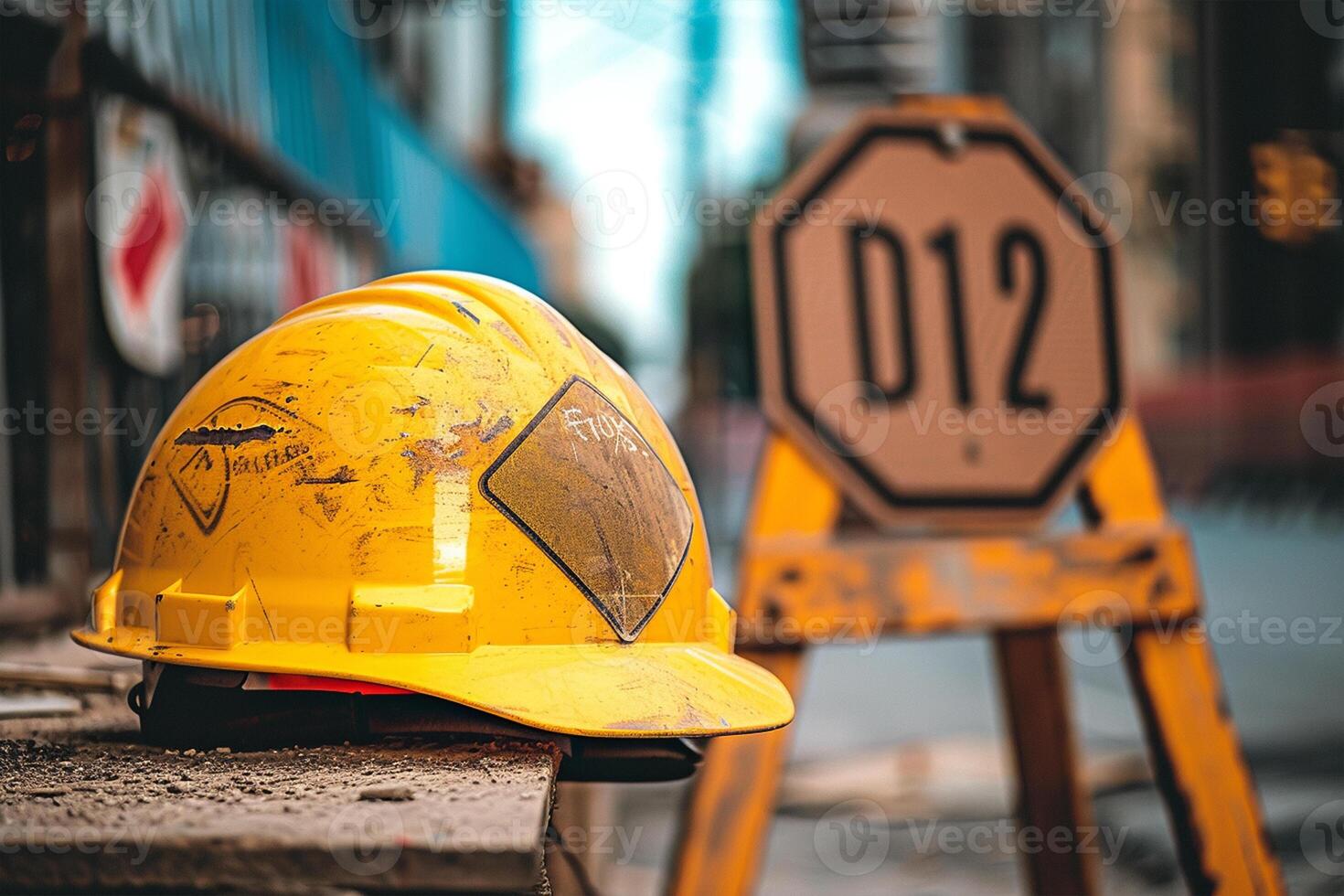 ai generato casco illustrazione sotto costruzione la zona cartello. nazionale sicurezza giorno foto