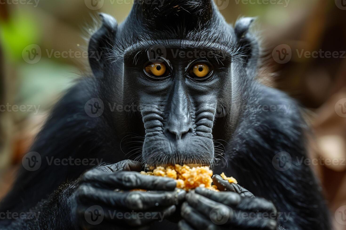 ai generato crestato nero macaco mangiare sulawesi crestato macaco, mondo natura giorno foto