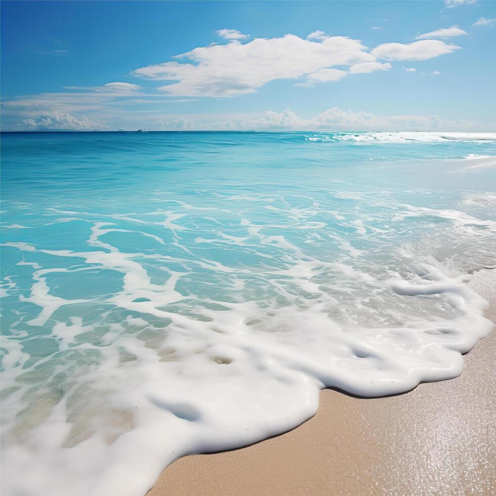 ai generato bellissimo sabbioso spiaggia e morbido blu oceano onda realistico fotografia foto