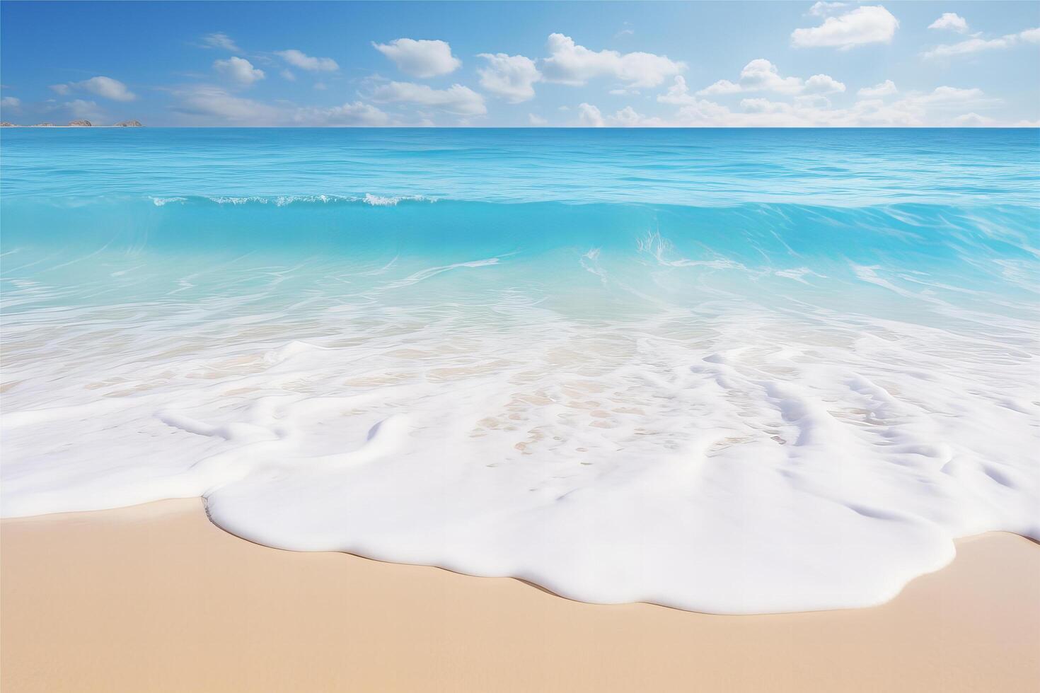 ai generato bellissimo sabbioso spiaggia e morbido blu oceano onda realistico fotografia foto