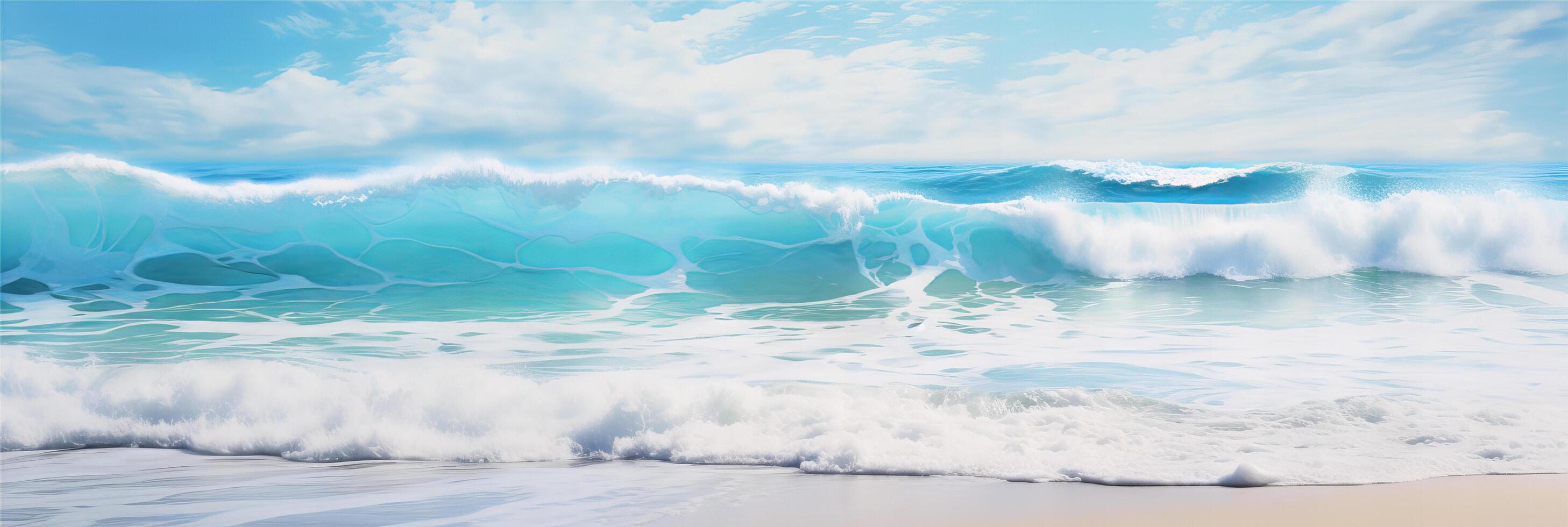 ai generato bellissimo sabbioso spiaggia e morbido blu oceano onda realistico fotografia foto