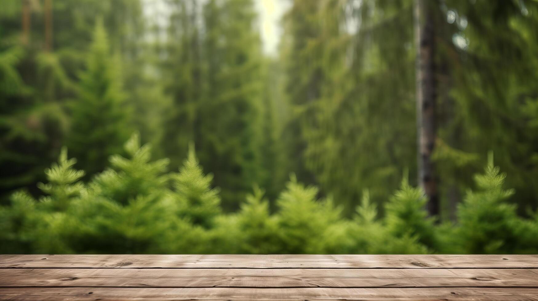 ai generato Schermo di legno tavola con sfocato foresta sfondo foto