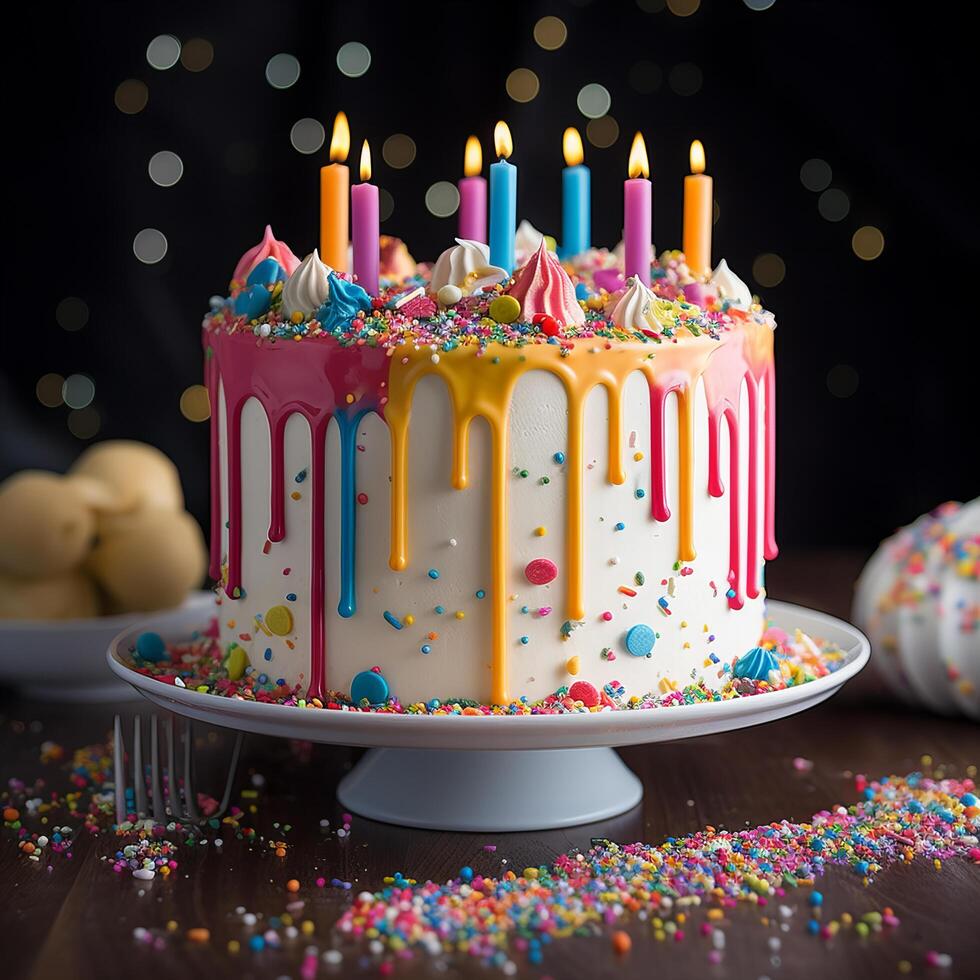ai generato celebrazione compleanno torta con colorato spruzzatina foto