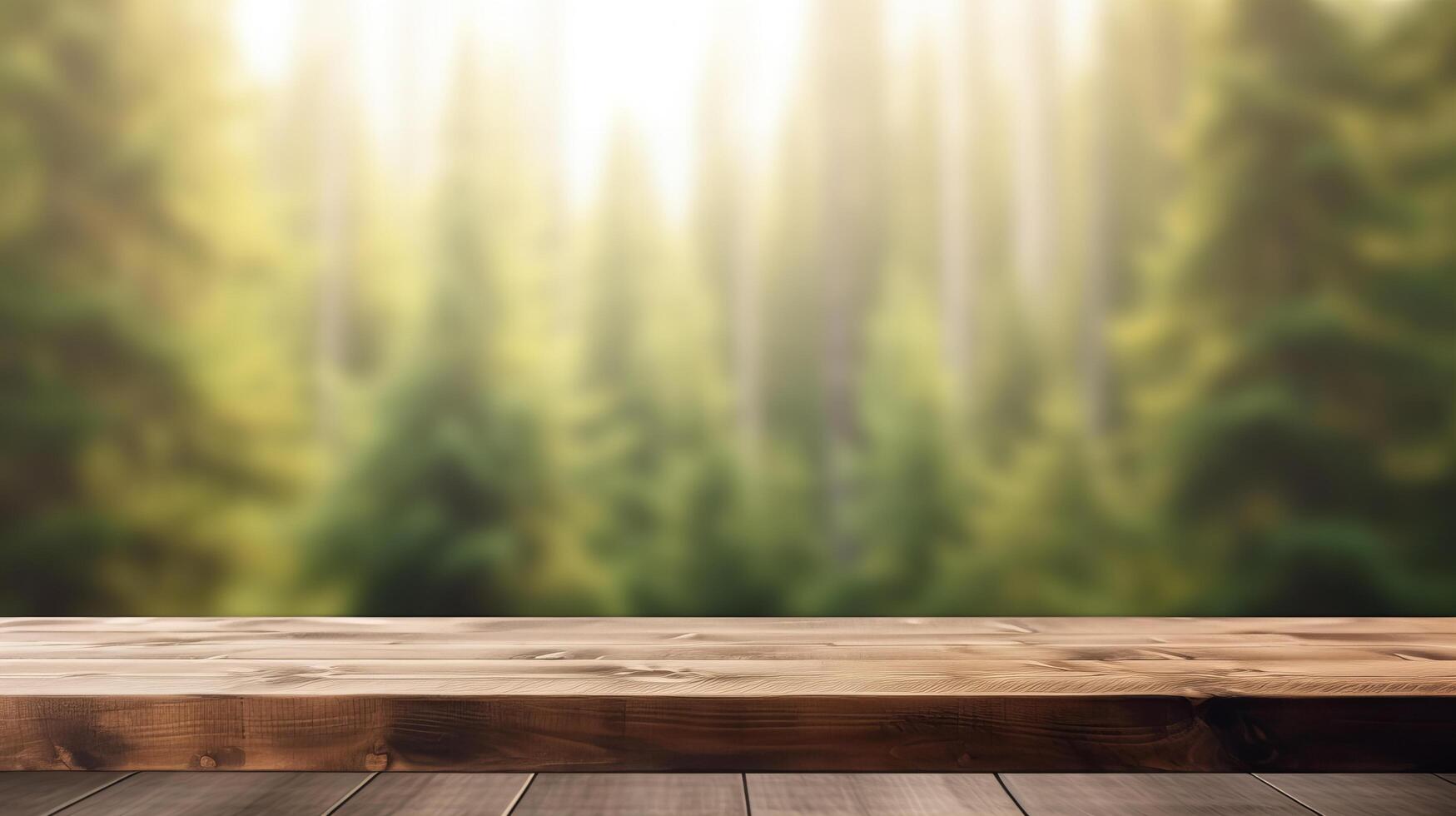 ai generato Schermo di legno tavola con sfocato foresta sfondo foto