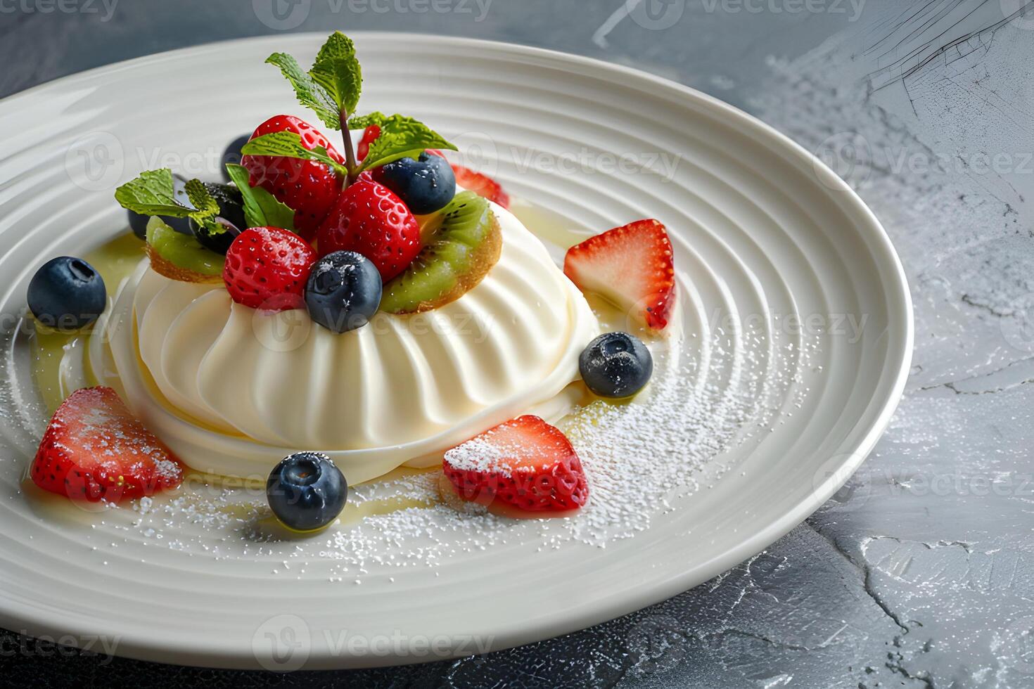 ai generato Pavlova torta con fresco frutti di bosco su un' bianca piatto foto